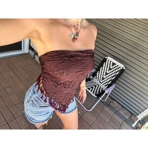 Women's Scarf Brown Metallic Rust Tassel Triangle Scarf Top Vintage Floral